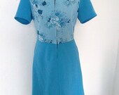 Vintage 60s 70s hippie Floral flower blue shift MOD pin up dress S