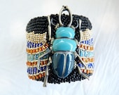 Egyptian Scarab Bead Embroidered Cuff Bracelet