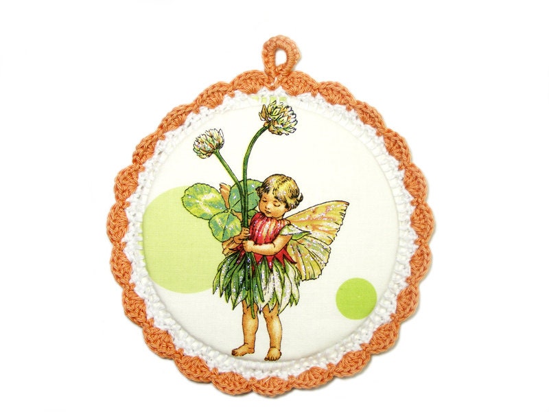 Fairy Tale - Fabric Picture in a Crochet frame - Wall art for kids room - Apple fairy fabric