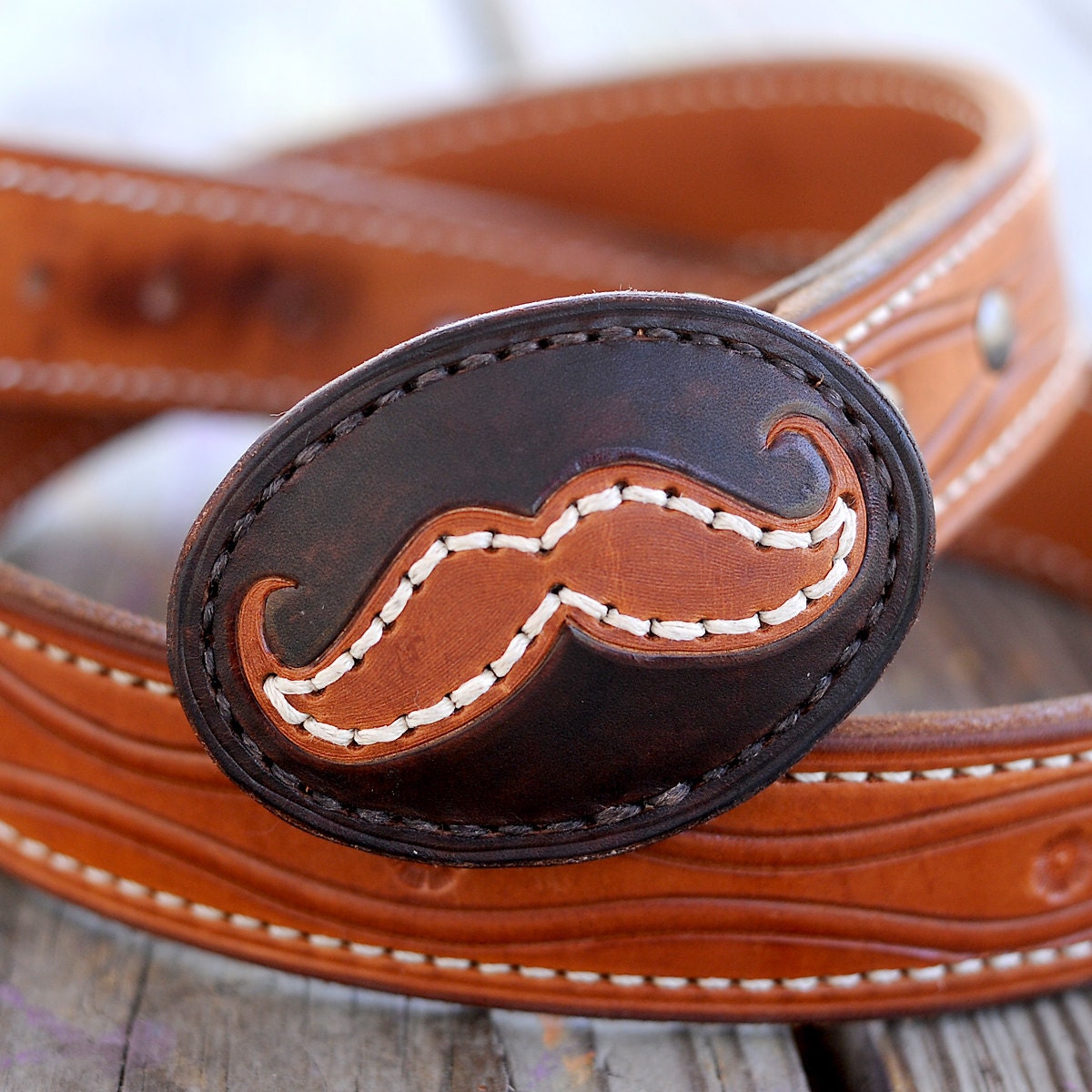 MUSTACHE buckle, hand-tooled from premium leather, brown and tan with hemp accent