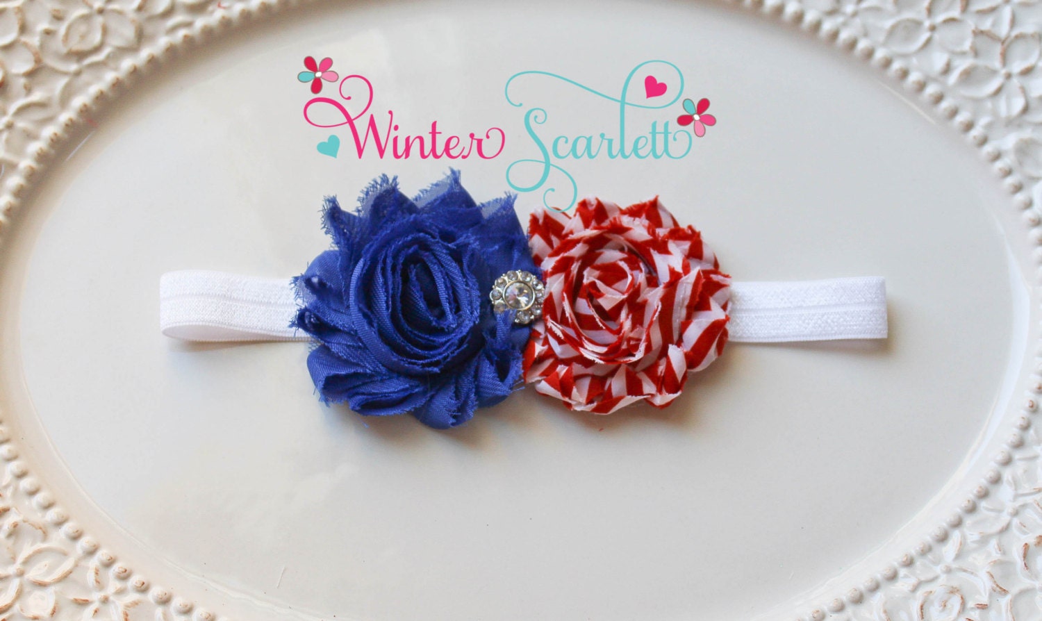 4th of July, Baby Headband, baby girl headband,Newborn Headband, shabby chic flower headband, christening headband,baptism headband.