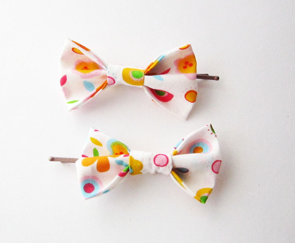 Fabric hair bow bobby pins for girls, colorful kids fabric hairbow, cute bow hair clip, girly accessory, props