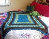 Afghan and pillow set  - granny square - Lapghan/blanket - Teal, dark brown, green - Ready to ship.