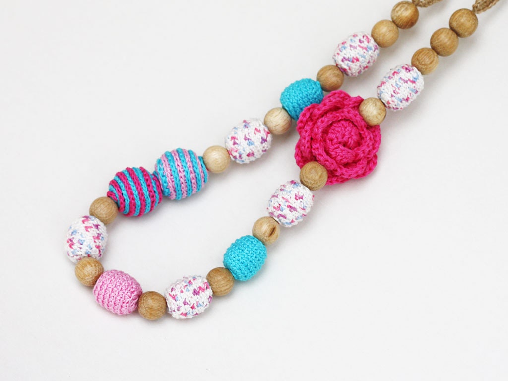 Nursing necklace Baby shower gift For new mom Mother's day gift Hot pink turquoise floral necklace Long chunky statement natural jewelry