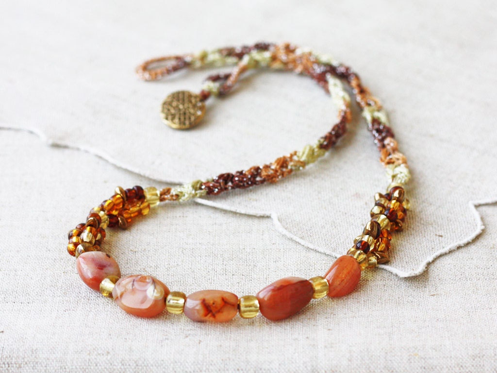 Brown orange necklace crocheted with vintage agate nugget beads and glass beads Gemstone jewelry Statement Boho Bohemian Summer fashion OOAK