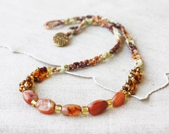 Brown orange necklace crocheted with vintage agate nugget beads and glass beads Gemstone jewelry Statement Boho Bohemian Summer fashion OOAK