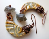 Desert Moon - tribal crescent porcelain charms, rustic flashy blue labradorite gemstone nuggets, and wire wrapped copper earring pair