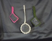 Crochet Cat Toys set of 3. White, pink and green cat nip toys.