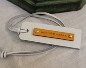 White Leather Name Tag - (1 Tag)  - with the name on tan leather - Perfect Gift for Birthday, Wedding or Anniversary