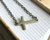 CLEARANCE - all must go, Sideways Cross Necklace, Brass cross Necklace, Simple Jewelry, Minimalist Jewelry