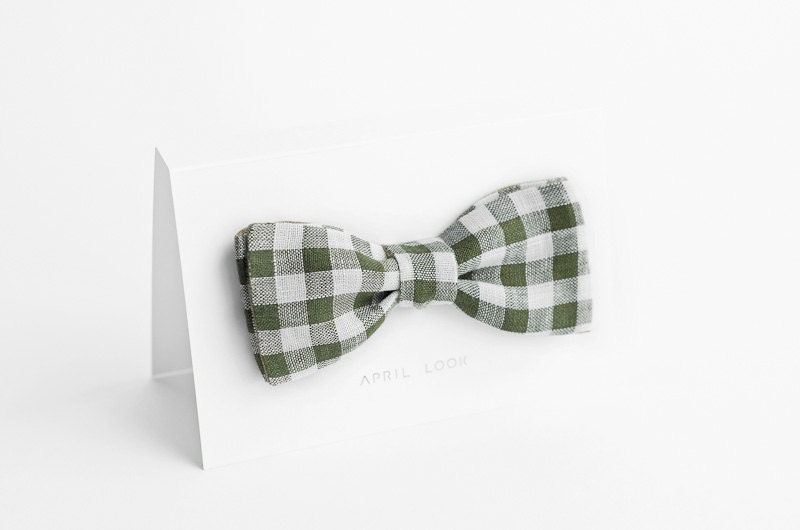 Olive green bow tie, checkered - double sided