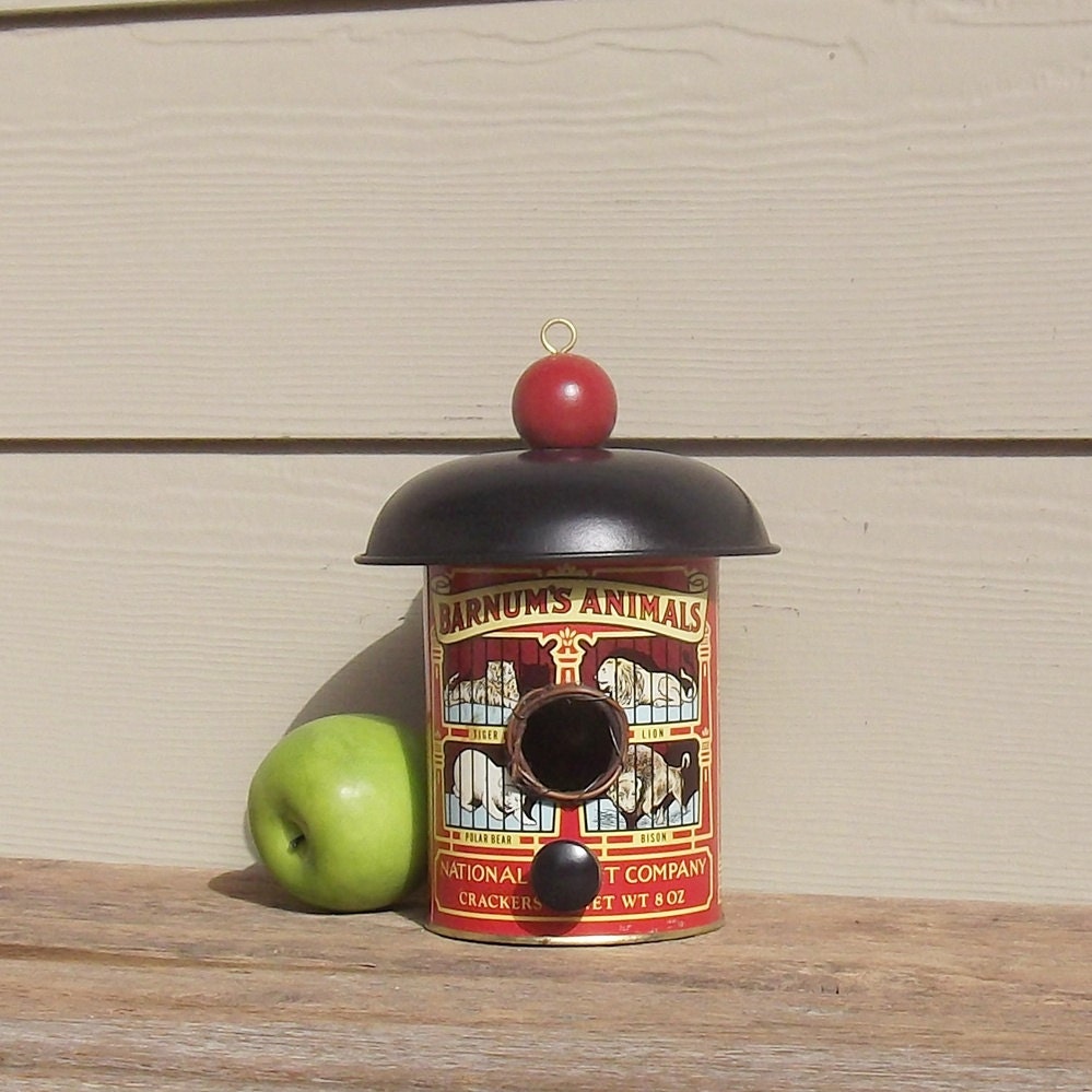 Animal Cracker Birdhouse, Tin Can Birdhouse, Whimsical Birdhouse, One of a Kind, Repurposed Can, Metal Birdhouse, Decorative or Outdoor