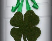 St. Patricks Day Wreath - XL Moss Shamrock - Moss Covered Wood Shamrock with Lush & Wired Kelly Green Bow.