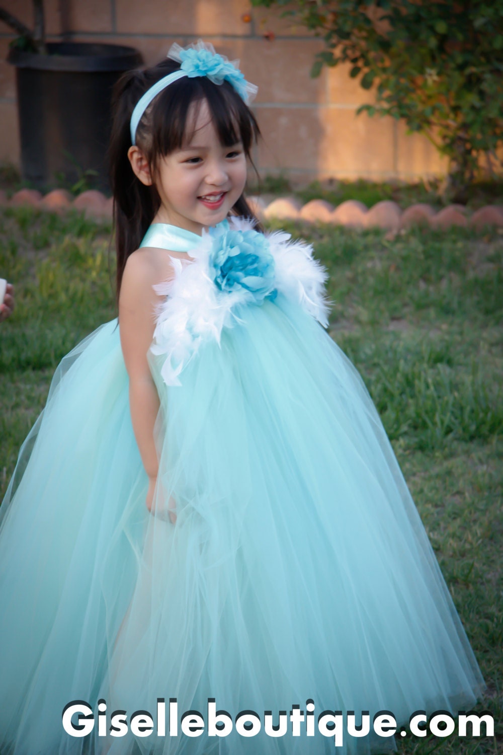 Flower Girl TuTu Dress. Aqua, Mint with Feather and Peony TuTu Dress.Wedding . Birthday