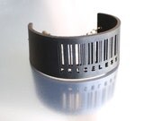 Slim Barcode Cuff in Black - Priceless, adjustable size with gumetal chain. modern jewelry, black leather cuff, spring fashion