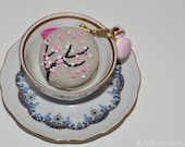 Sweet Treats Collection. Macaron Charm. Fabric Coin Purse Keychain. Embroidered Cherry Blossom Tree. Sakura Blossoms.