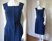 Vintage 1960s Made in Paris Blue Sleeveless Square Neck Drop Waist Dress Jumper with Pleated Skirt