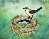 Bird Nest no. 31 Northern Mockingbird with Eggs Watercolor and Found Object Art Print