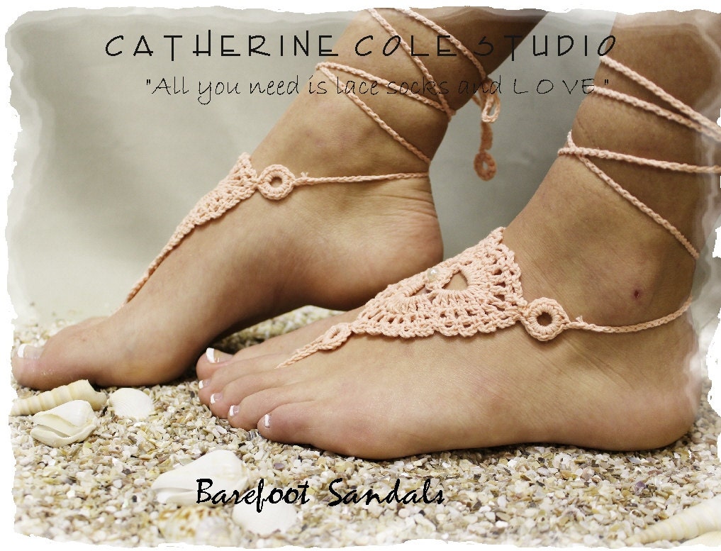 Peach Barefoot sandals handmade cotton beachwear yoga  beach wedding summer slave sandals foot jewelry resort wear Catherine Cole BF-3