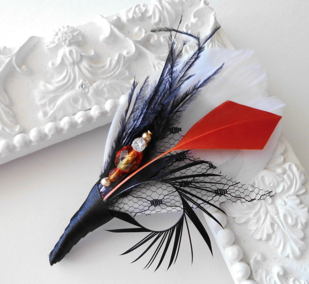 Feather Boutonniere Lapel Pin in White,Orange, Black Groomsman Groom