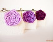 Personalized Bridesmaid Gifts Clutch with Set of 3 White Lace Clutches and Silk Rose Flower brooches - shade of purple
