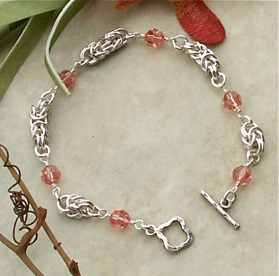 Handmade Rose Peach colored Swarovski Crystal Chain Maille Bracelet