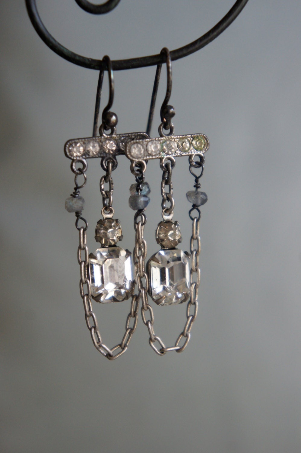 Vintage assemblage earrings rhinestones gemstones vintage dangle assemblage jewelry -  by French Feather Designs.