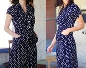 1940s Blue & White Polka Dotty Dress with Peplum Pockets