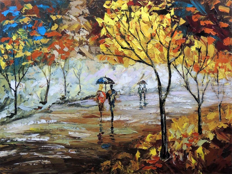 Valentime -- Original Painting Couple Love - Romantic  Walking  -- Palette knife Landscape Fall oil Cityscape Painting by IraSher
