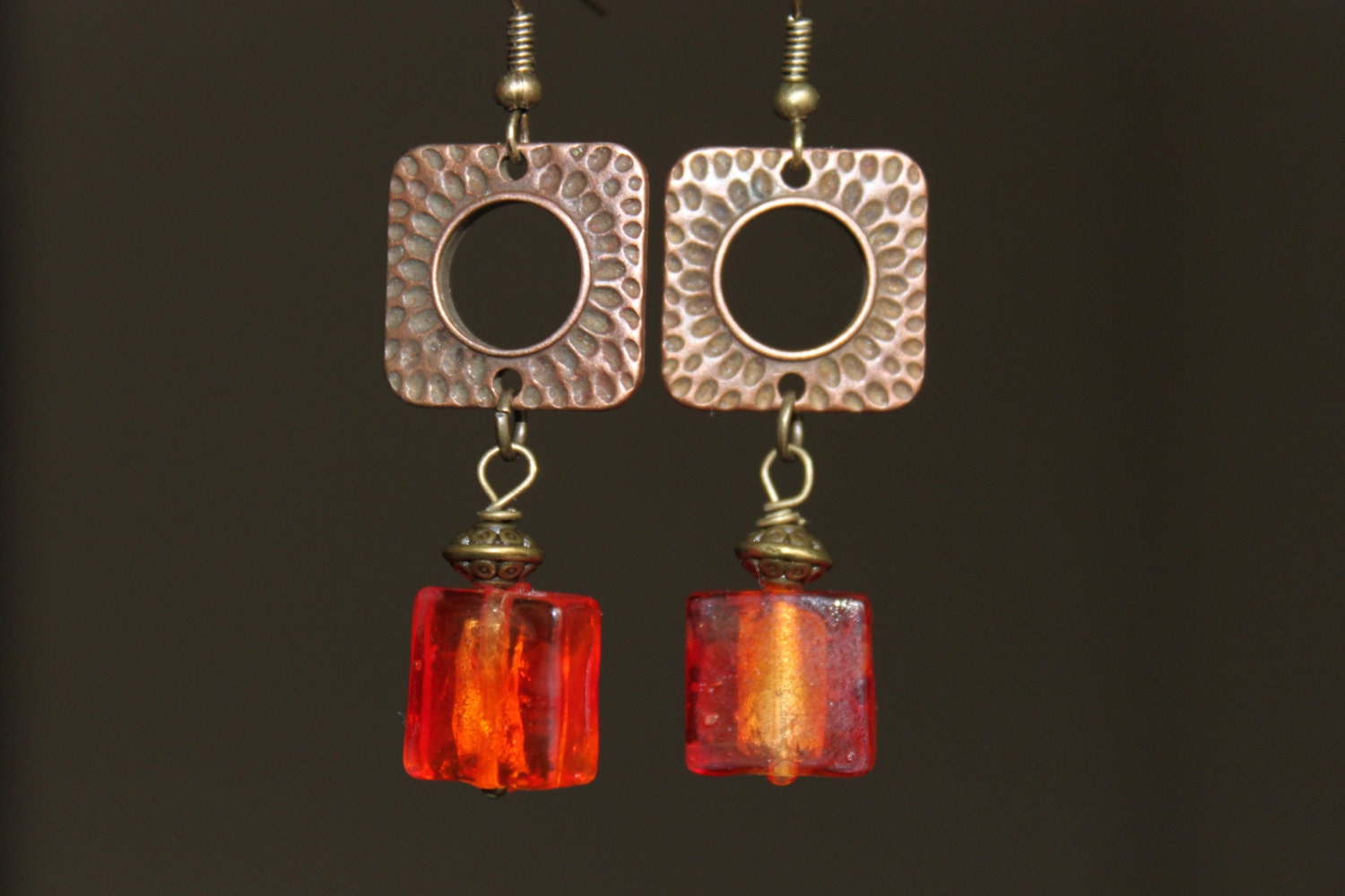 Sale Rustic Antique Brass earrings - Handmade Silver Foil Lampwork Glass Burnt Orange - Dangle Earrings - Square earring - Boho Chic