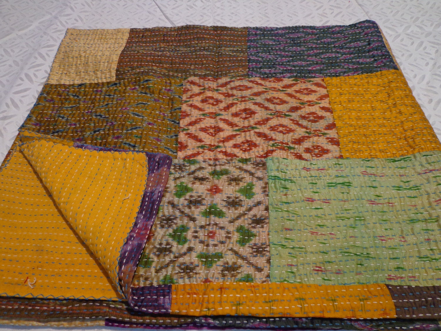 handmade sari silk pattola patchwork quilt throw