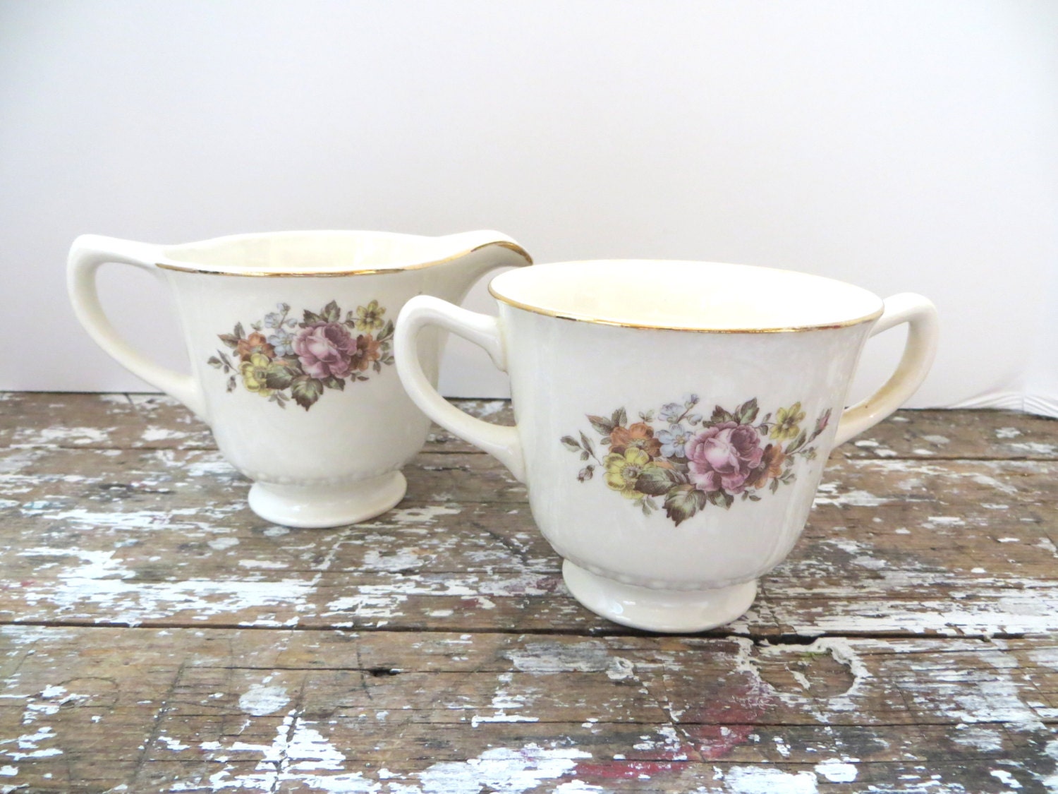Cottage Chic Cream and Sugar Bowl Floral Serving Dishes Shabby Decor