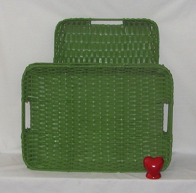 Vintage Lime Green Wicker Serving Trays - Set of Four