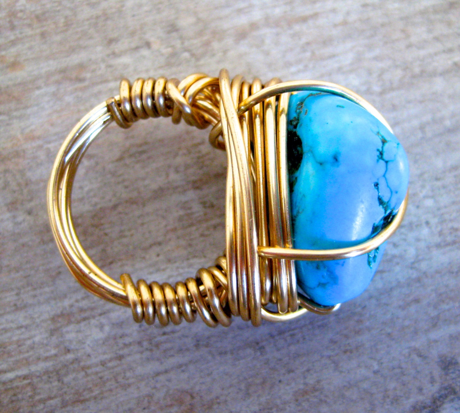 BLUE turquoise wire wrapped ring, aqua blue, organic stone, exotic beach, haute boho glam