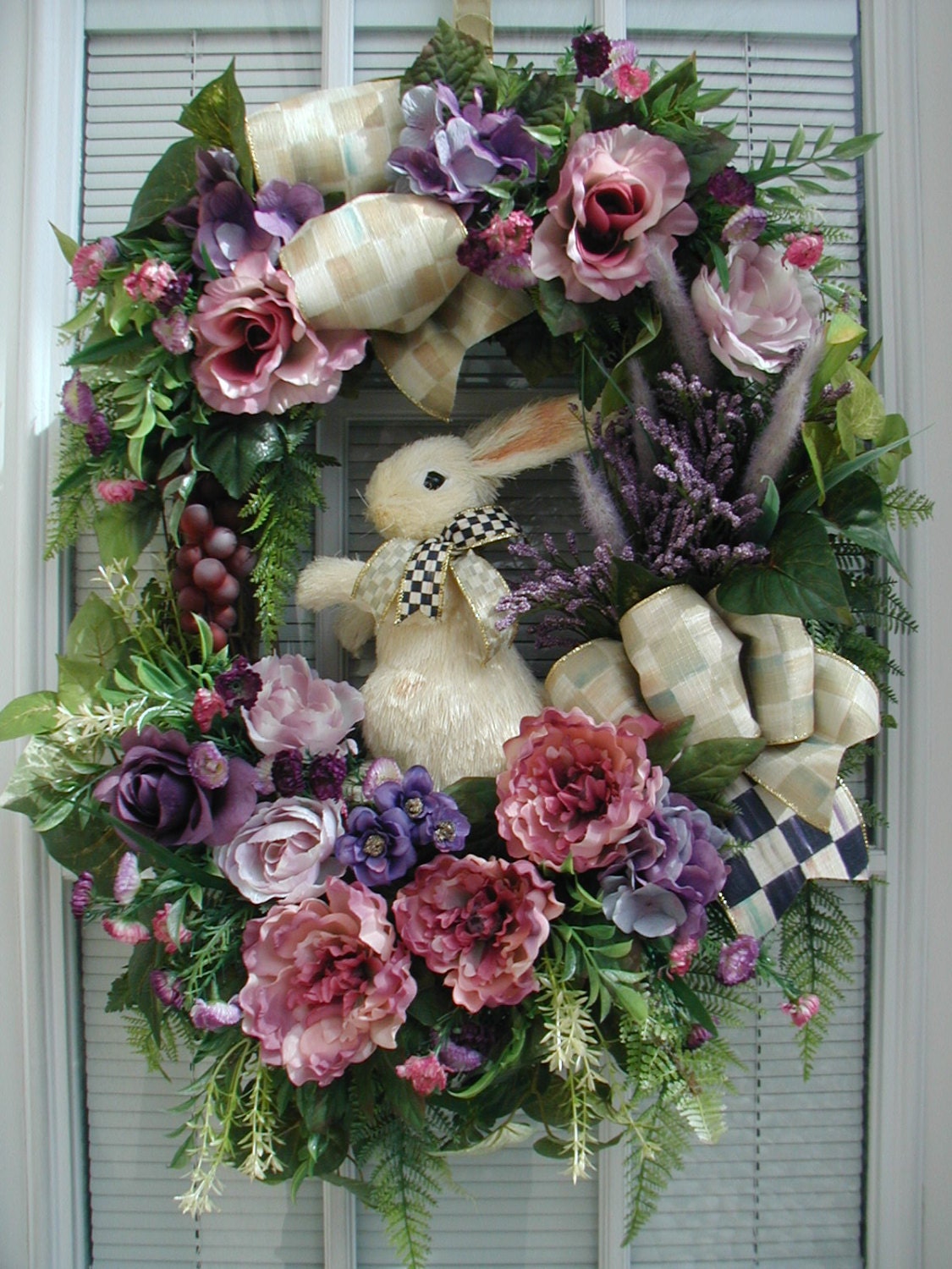 Spring Summer Easter Large Sisal Rabbit Grapes Pink Purple MacKenzie Childs Ribbon Floral Decor Door Wreath