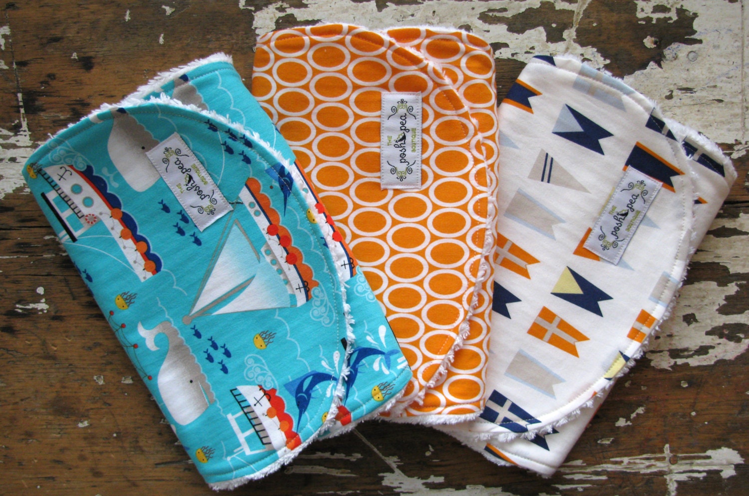 Burp Cloths Baby Boy - Set of 3 - Nautical Blue & Orange - Swim Free, Orange Ovals, Nautical Bunting - Boats, Whales, Ocean