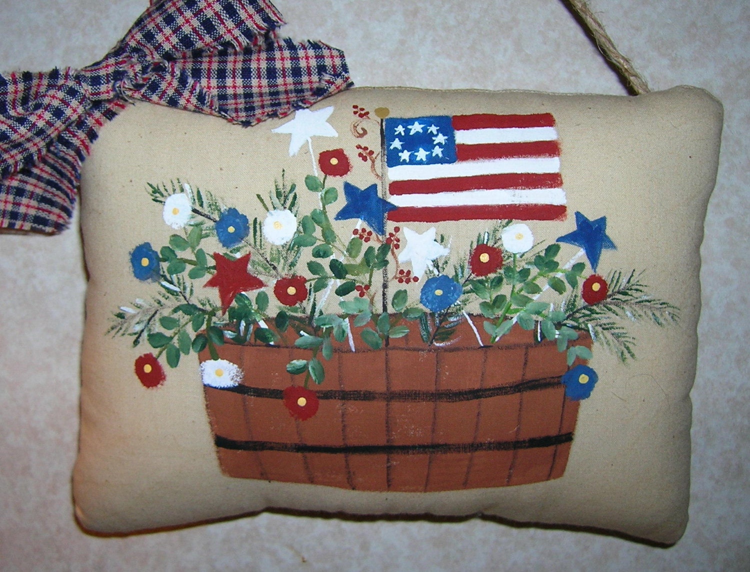 Primitive AMERICANA Gathering Handpainted Pillow Tuck Patriotic Folk Art Flag