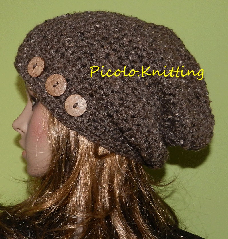 Hand Crochet Slouchy Hat, All Seasons Beanie, Light Chunky Boho Cap with Three Eco Buttons in Barley