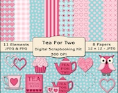 Tea for Two Digital Scrapbooking Kit - Valentine Clipart, Wedding Clipart, Tea Digital Papers, Digital Backgrounds