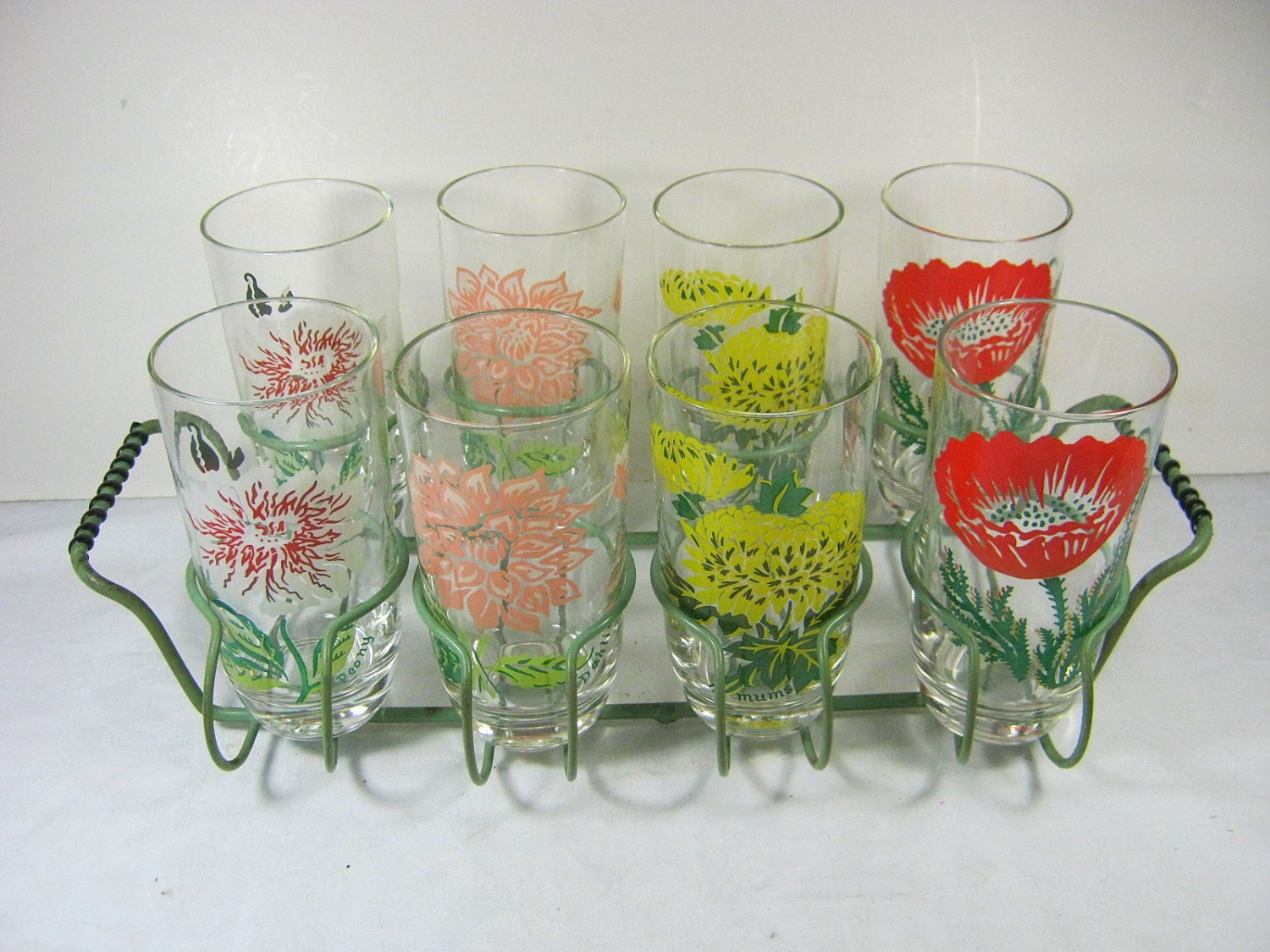 Vintage Flower Glasses Floral Set/8 Glassware w/ Rack