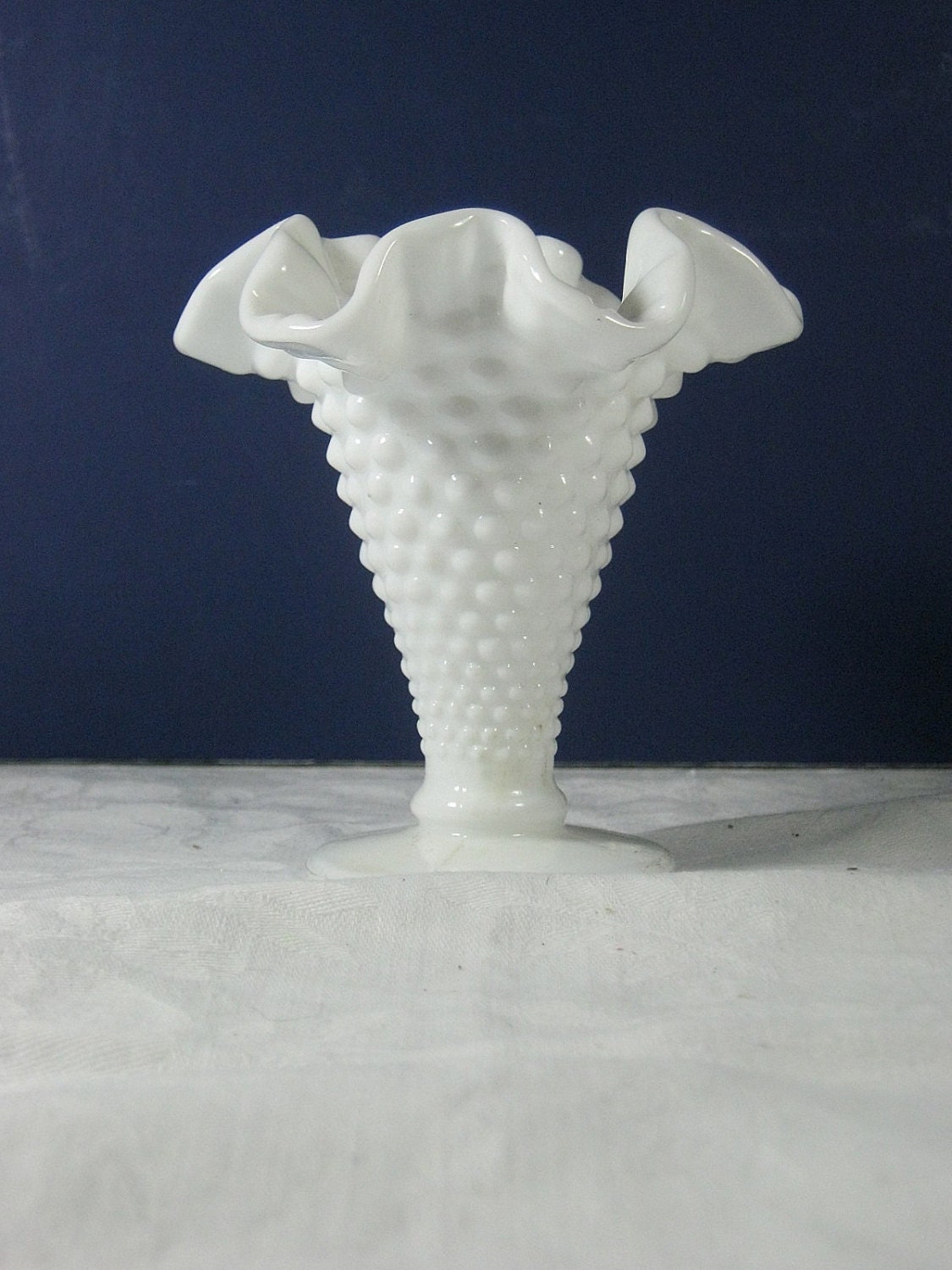 Vintage Fenton Hobnail Vase Tiny White Milkglass Ruffled Rim