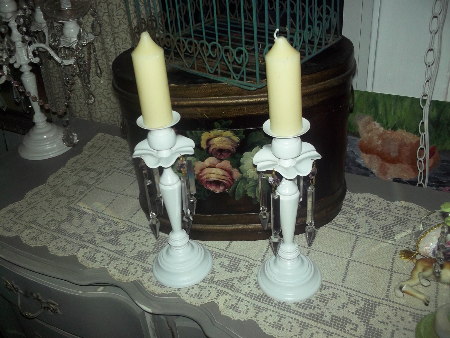 REDUCED Hollywood Glam, shabby chic painted white candle holders with spear crystal prisms