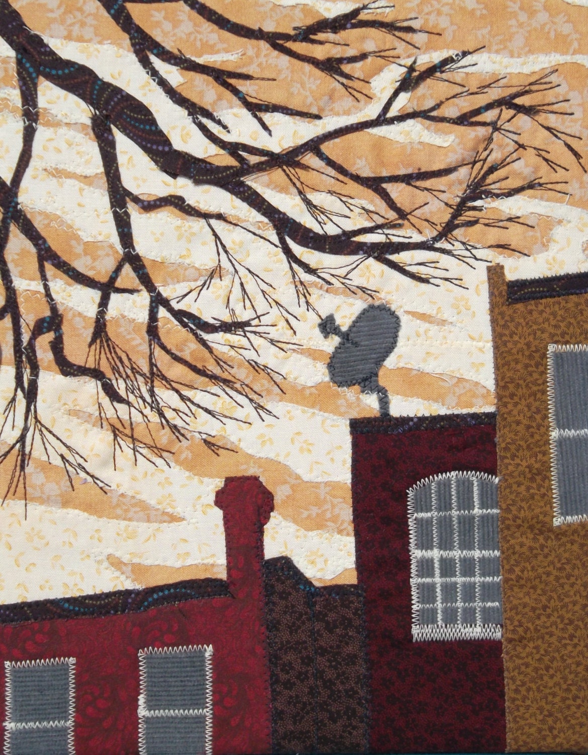 Searching the Ochre Sky, urban landscape textile art, OOAK fabric art, 8x10 inch