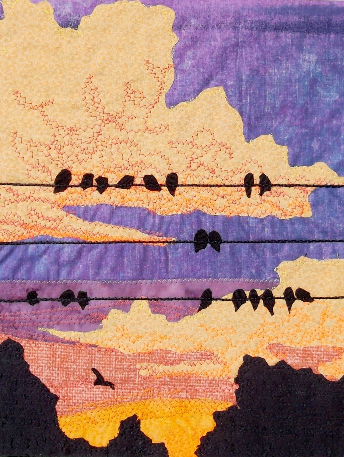Fabric art, original artwork, "Clementine Time," Birds on the wire, sunset, bright, cheerful, sewn artwork from recycled fabrics,