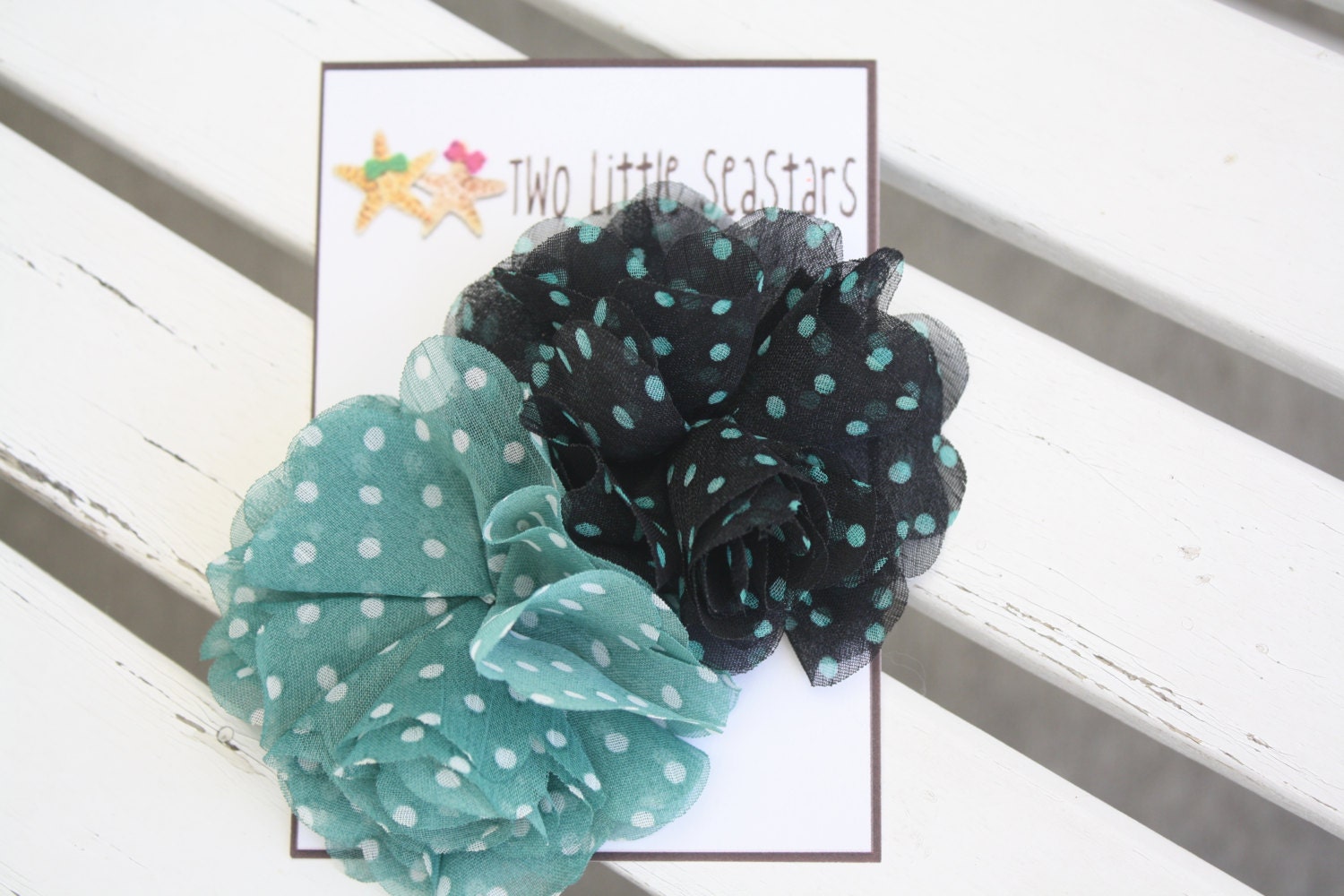 Baby hair clip - newborn hair clip - toddler/girl hair clip - adult hair clip - Black and teal polka dot ruffled flowers - set of 2