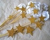 Star Cupcake Toppers - Set Of 12  - Vintage Inspired Golden Stars -Gold Glitter
