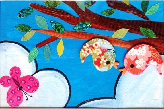 Nursery Art, Childrens painting Original 2 little birds handmade mix media collage