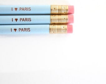 I love paris engraved pencil set 3 baby blue. heart love. love heart.
