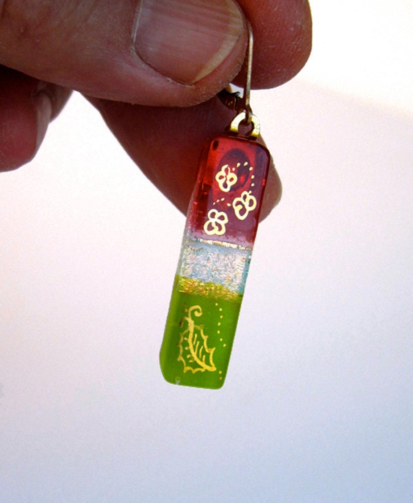 Spring flower fused dichroic glass earrings, pink & green, 18 kt gold painted, so cute