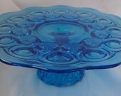 Vintage Blue Glass Cake Stand or Cake Plate, Aqua Blue Cake Stand by L.E. Smith